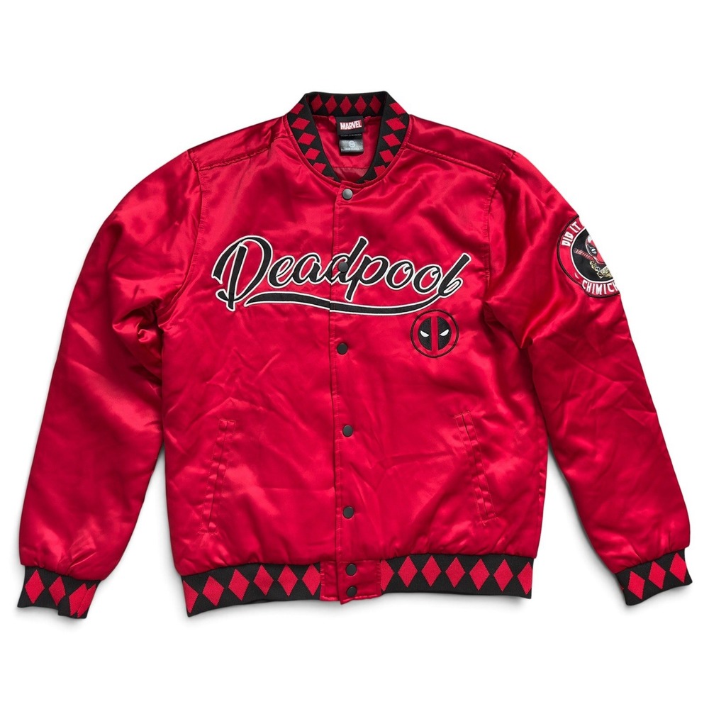 Marvel Deadpool Bomber Jacket Red Black Diamond Embroidered Patch Men's Size S